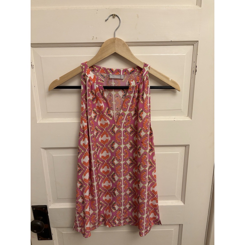 Ellie Kai Women's Pink Ikat‎ 100% Silk Sleeveless V-Neck Tank Size 0 $150